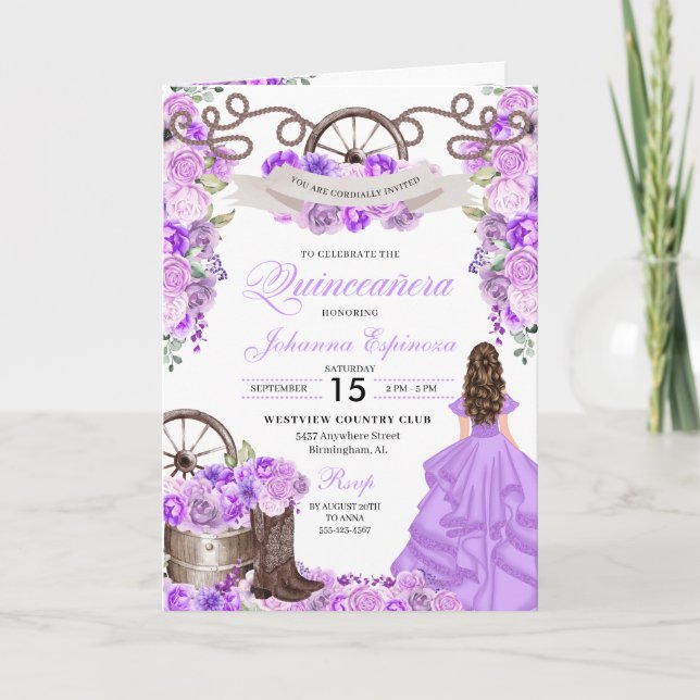 Convite Lilac Western Charro Bi-Fold Quinceanera (Frente)