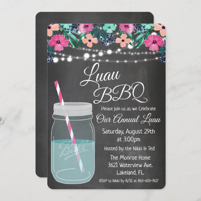 Convite Luau Aloha Mason Jar (Frente/Verso)