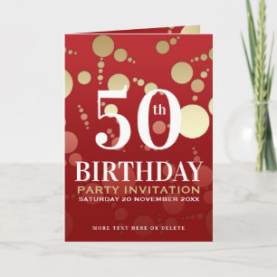 Convite Luxe Vermelho Dourado Festa de Aniversário de 50 a