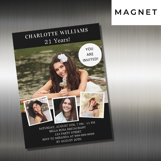Convite Luxo de colagem de fotos preto branco de aniversár (Criador carregado)