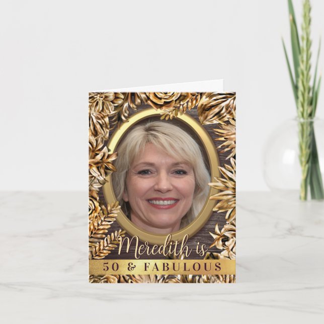 Convite Luxo Dourado Floral Personalizado Foto Cinquenta e (Frente)