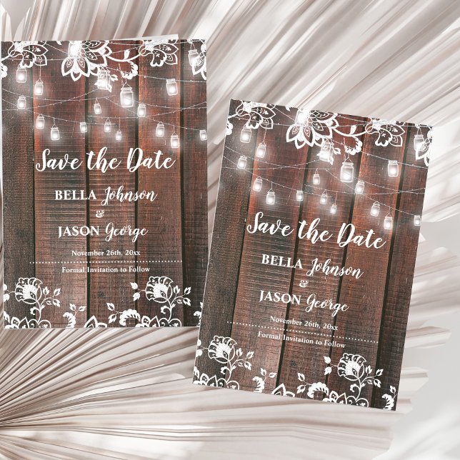 Convite Luzes de Corda com Renda Rústica para Casamento Sa (Rustic Wood String Lights Save the Date Magnet | Barn Wedding Lace Wood Thin Magnetic Card)