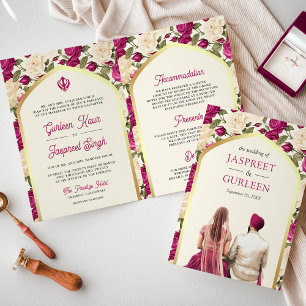 Convite Magenta Marfim Floral All in One Casamento Sikh