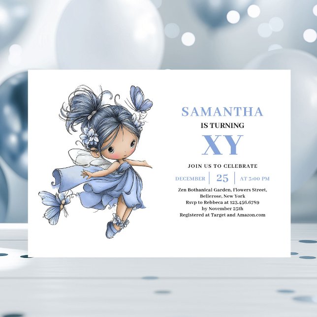 Convite Mágico de 1º Aniversário da Fada Azul Fofa (Cute Blue Fairy Girl 1st Birthday Magical invitation)