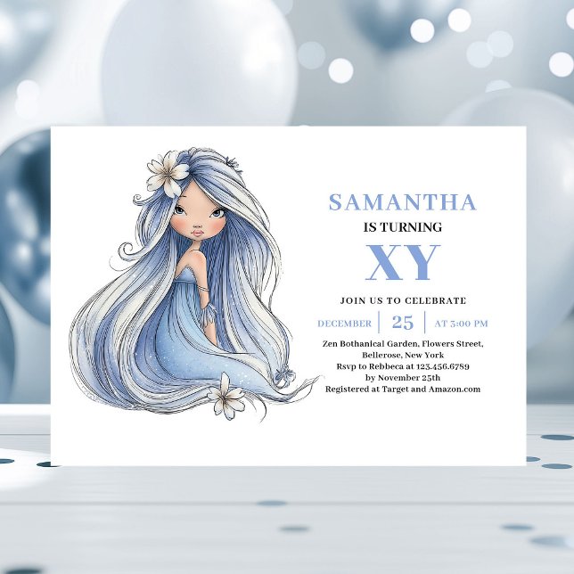 Convite Mágico de 5º Aniversário da Fada Azul Fofa (Cute Blue Fairy Girl 5th Birthday Magical invitation)