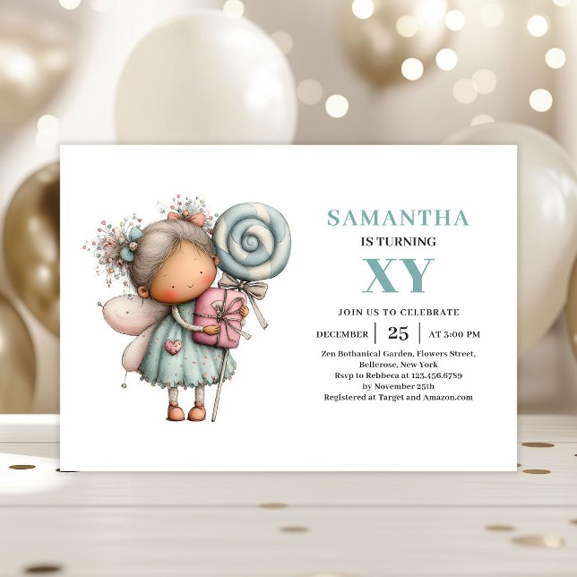 Convite Mágico de 7º Aniversário da Menina Fada Fo (Fairy Girl 7th Birthday Magical Whimsy Cute invitation)