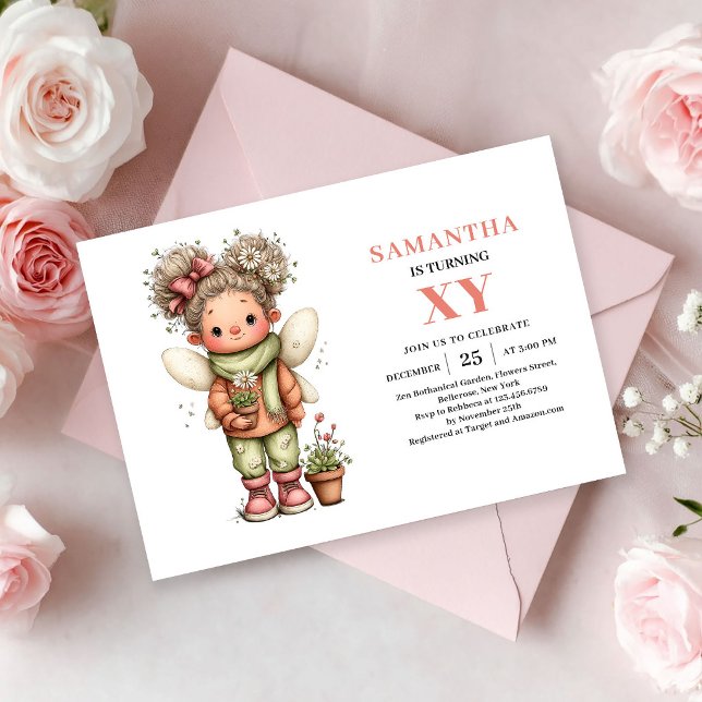 Convite Mágico de Aniversário de Menina Fada Fofa  (Cute Fairy Girl Birthday Magical Blush Pink invitation)