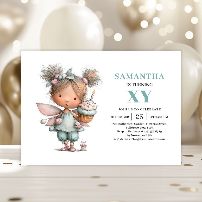 Convite Mágico e Caprichoso para o 5º Aniversário  (Cute Fairy Girl 5th Birthday Whimsy Magical invitation)