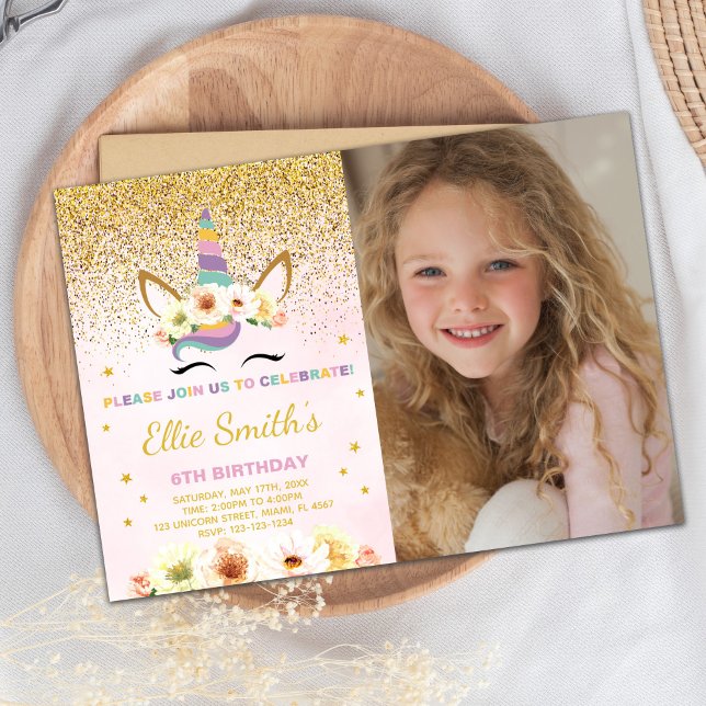 Convite Mágico Editável (Glitter Unicorn Birthday Invitation with photo)