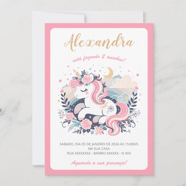 Convite Mágico Unicórnio Rosa em Português (Frente)