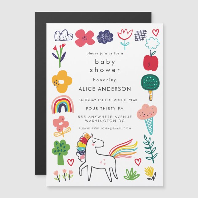 Convite |MAGNET| Cute Sweet Unicorn Baby Shower Invite (Frente/Verso)