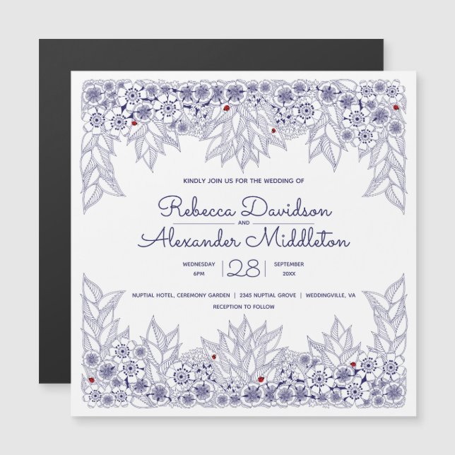 Convite Magnet do Lembrete do Casamento Branco Azul Elegan (Frente/Verso)