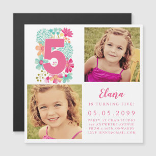 Convite MAGNET Girls Rosa Número 5 5 no Aniversário Foto