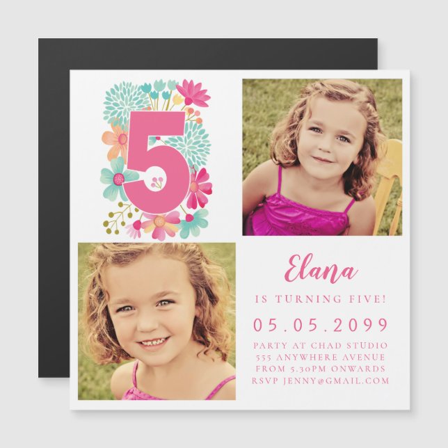Convite MAGNET Girls Rosa Número 5 5 no Aniversário Foto (Frente/Verso)