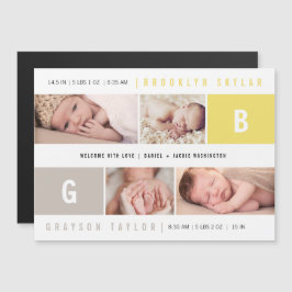Convite Magnético Baby Monogramas Twins 4 Foto Anúncio de Nascimento