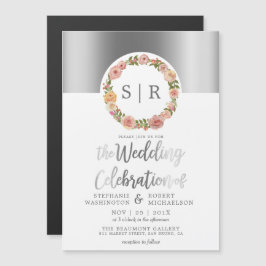 Convite Magnético Casamento de Script Silver Wreath Floral Watercolo