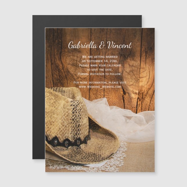 Convite Magnético Casamento do Cowboy Hat Barn Wood Ocidental Salve  (Frente/Verso)