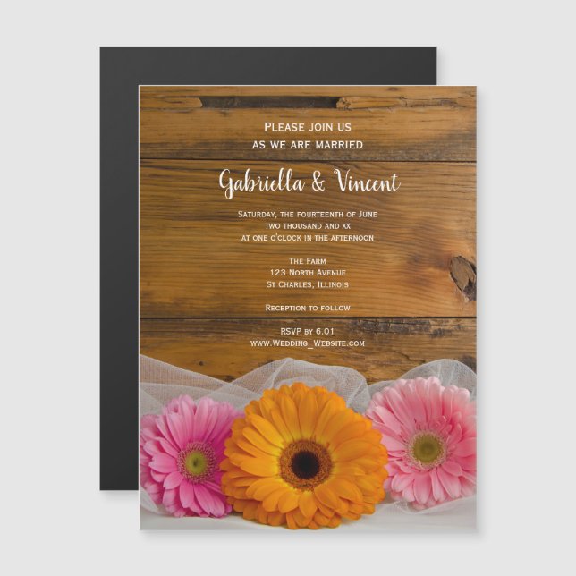 Convite Magnético Casamento Rustic Daisy Trio Country Barn (Frente/Verso)