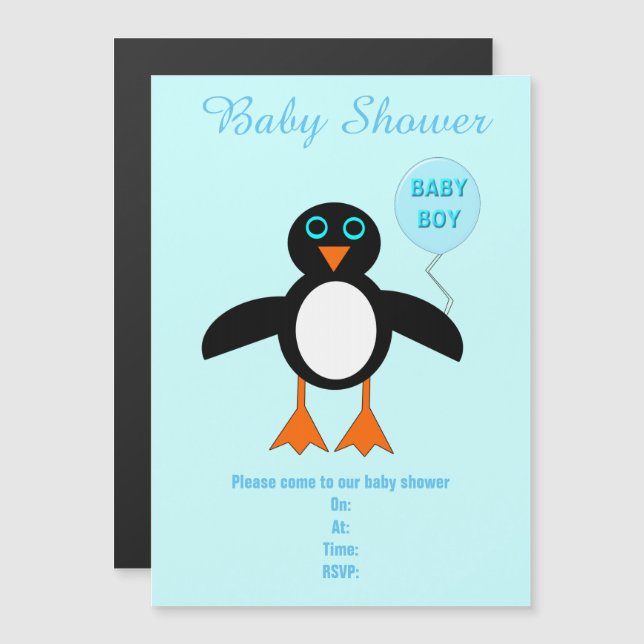 Convite Magnético Chá de fraldas Personalizado de Pinguim-Menino Azu (Frente/Verso)