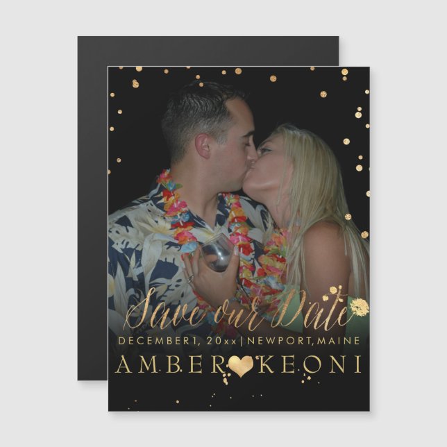 Convite Magnético Data de Confetti/Coração/Salvamento Dourado do Pix (Frente/Verso)