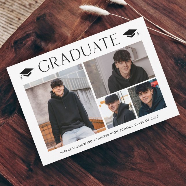 Convite Magnético de Graduação Simples com 4 Fotos (Simple photo collage graduation announcement magnetic card.)