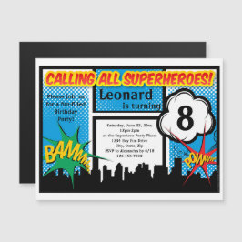 Convite Magnético Festa de aniversário Colorida de Comic Boy Super H