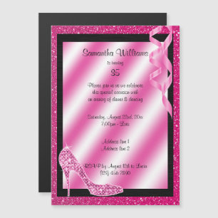 Convite Magnético Glittery Stiletto e Streamers cor-de-rosa, 35.o an