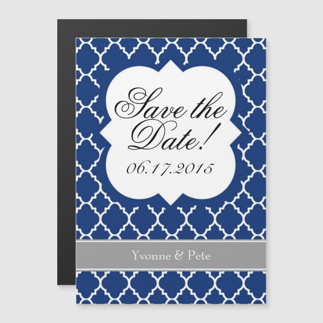 Convite Magnético Imã salve a data de Quatrefoil Branco Azul (Frente/Verso)