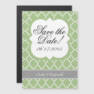 Convite Magnético Imã salve a data de Quatrefoil Branco Verde Sage