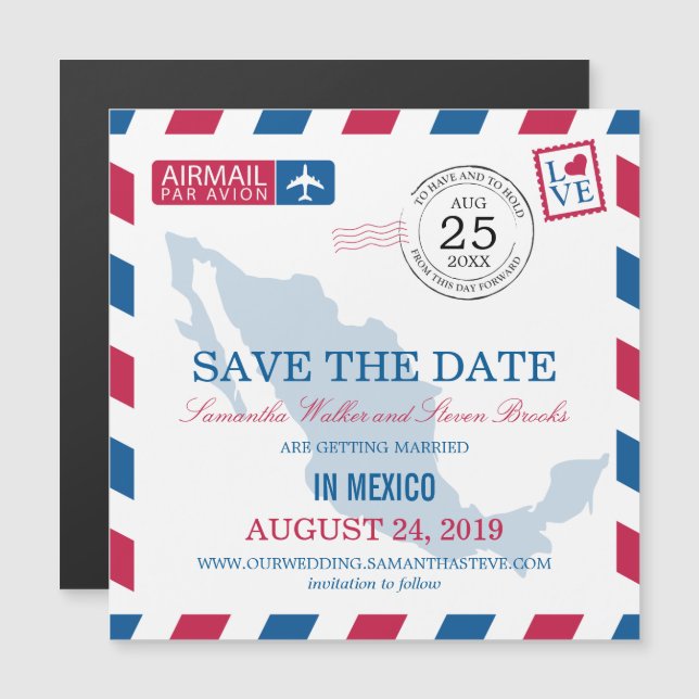 Convite Magnético México Airmail Save the Date (Salve a data) (Frente/Verso)