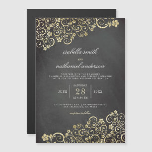 Convite Magnético Ornamento Dourado no quadro negro   Modern Wedding