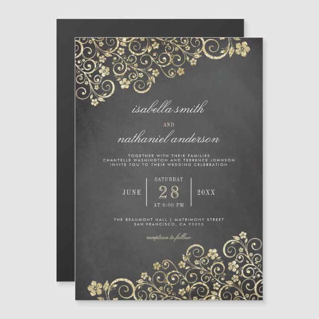 Convite Magnético Ornamento Dourado no quadro negro | Modern Wedding (Frente/Verso)