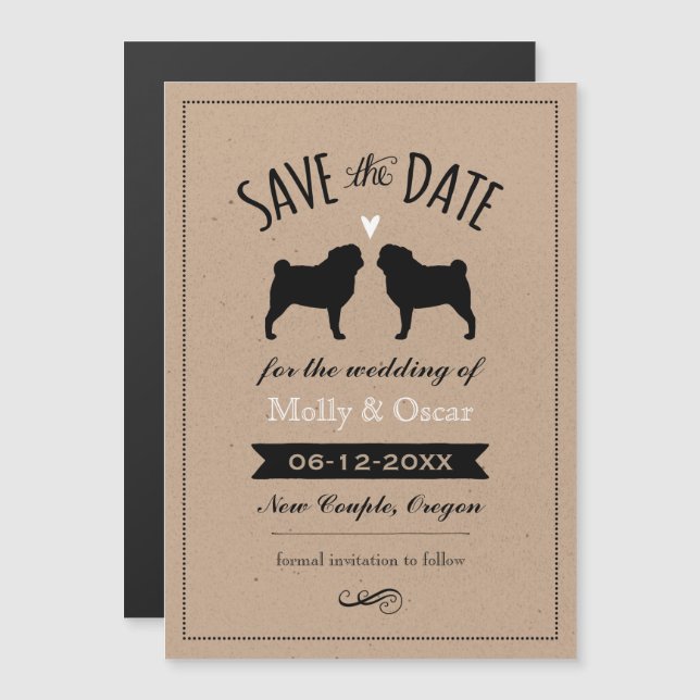 Convite Magnético Pugs Wedding Save the Date Invitation (Frente/Verso)