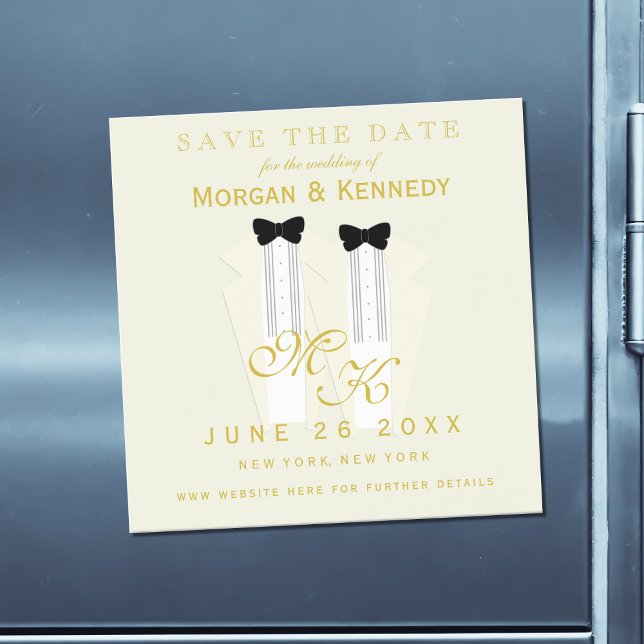 Convite Magnético Salve a data do casamento do Arco Tuxedo (Add your details to this cream tuxedo themed Save the Card Magnetic Card.)