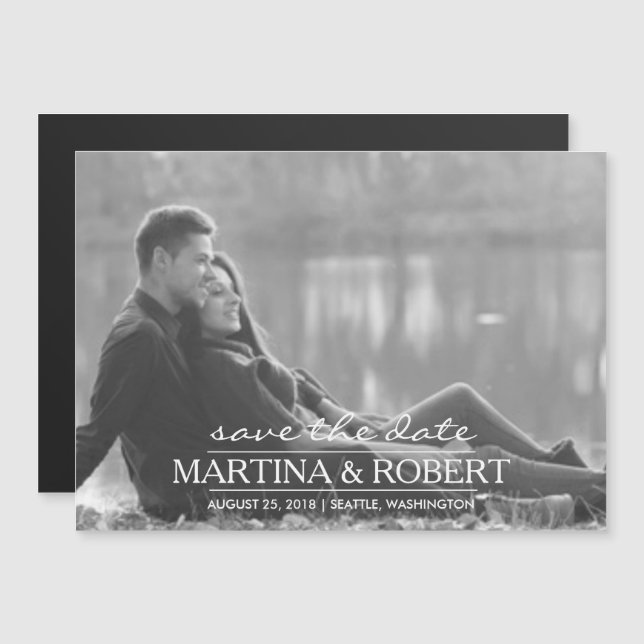 Convite Magnético Script branco manuscrito Salvar a foto de data (Frente/Verso)