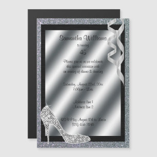 Convite Magnético Silver Glittery Stiletto & Streamers 45º anivers