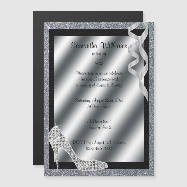 Convite Magnético Silver Glittery Stiletto & Streamers 45º aniversár (Frente/Verso)