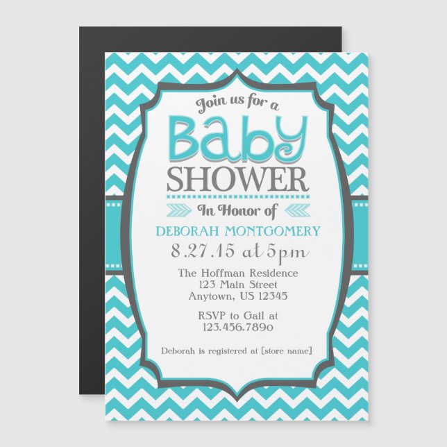Convite Magnético Turquoise Teal Chevron Magnetic Chá de fraldas Inv (Frente/Verso)