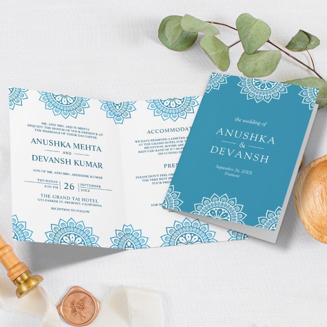 Convite Mandala Azul Casamento Étnico Tradicional Indiano (Criador carregado)