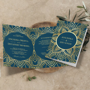 Convite Mandala Étnico Azul e Dourado Casamento Indiano