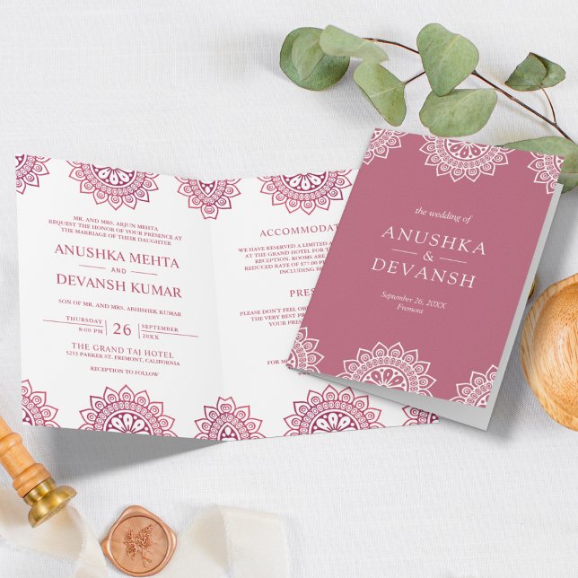 Convite Mandala Rosa Casamento Étnico Tradicional Indiano (Criador carregado)