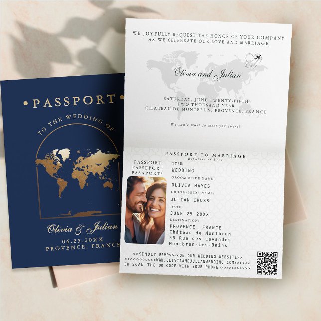 Convite Mapa de Passaporte Boho Arco Azul Casamento de Des (passport wedding invitation card destination getaway navy blue faux gold map boho arch monograms fol)