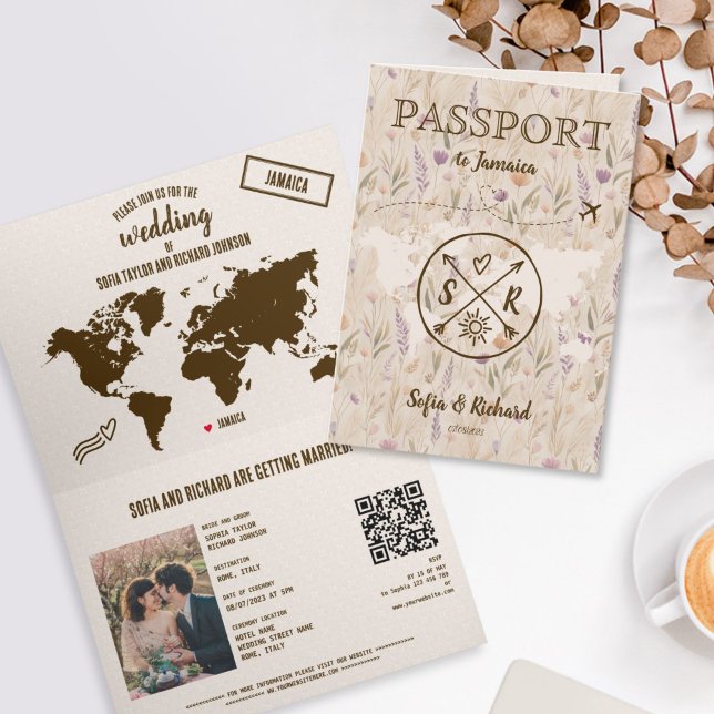 Convite Mapa de Passaporte de Destino de Casamento Boho Có (beige floral boho wedding passport invitation)