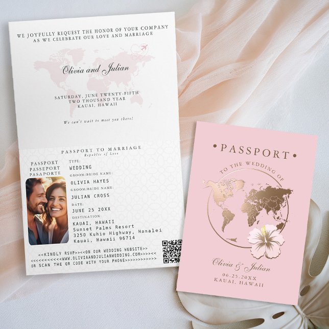 Convite Mapa de Passaporte Hibisco Casamento Tropical no D (passport wedding invitation card destination getaway tropical hawaii pink faux gold monograms folded)