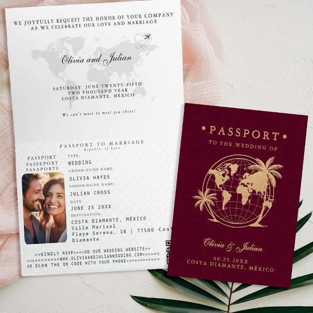 Convite Mapa de Passaporte Palma Destino de Casamento Trop (passport wedding invitation card destination getaway tropical beach palm burgundy faux gold monogram)