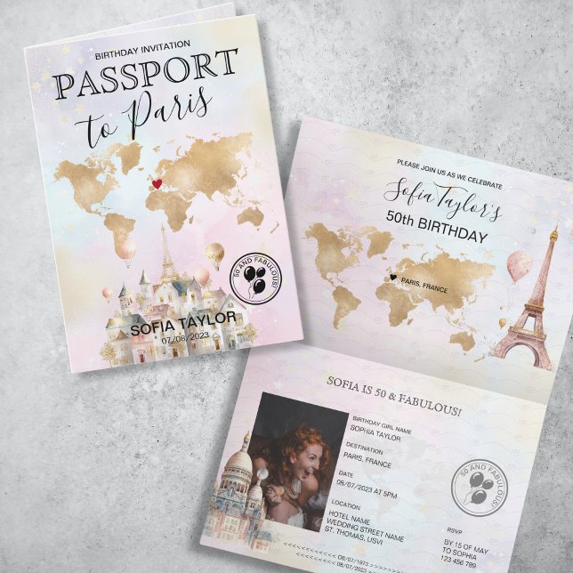 Convite Mapa de Passaportes de Aniversário de Paris França (paris birthday passport invitation with pastel watercolor illustrations and gold world map)