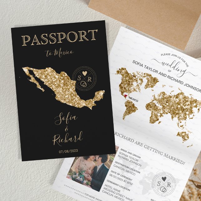 Convite Mapa do Mundo Dourado do Passaporte de Destino par (gold glitter and black passport)