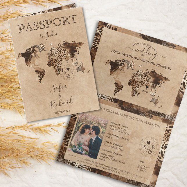 Convite Mapa Mundi de Casamento Boho Safari Leopardo Passa (safari leopard world map passport wedding illustration)