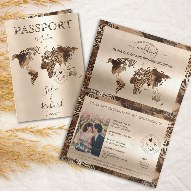 Convite Mapa Mundi de Passaporte de Casamento Boho Safari  (safari leopard world map passport wedding illustration)