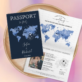 Convite Mapa Mundial Azul Marinho de Passaporte de Destino